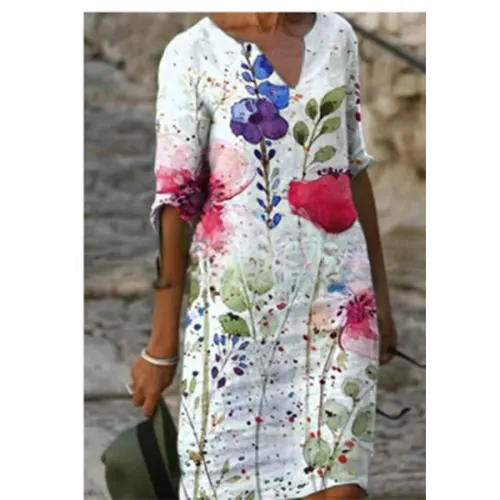 V-Neck Three Quarter Sleeve Relaxed Fit Knee Length Shift Dress