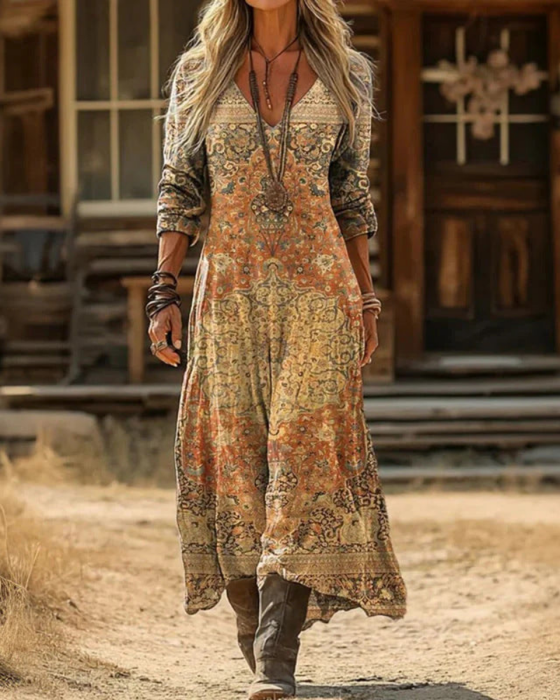 Embroidered V-Neck Long Sleeve A-Line Maxi Dress
