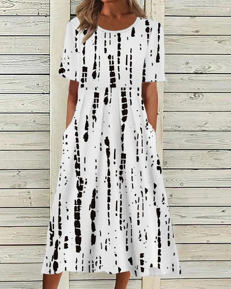 Floral Print Short Sleeve Round Neck Empire Waist Pocket Midi Dress