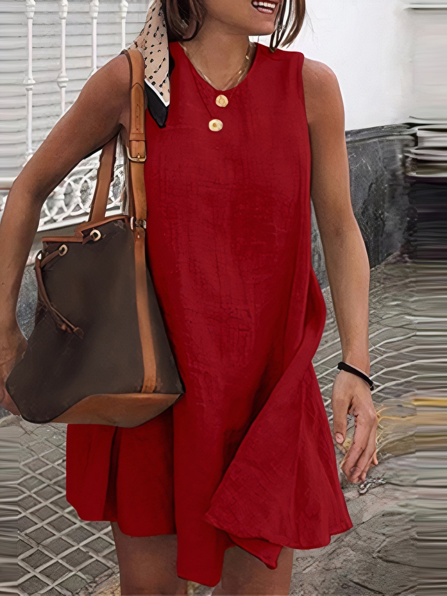 Sleeveless Round Neck Textured Woven Shift Mini Summer Dress