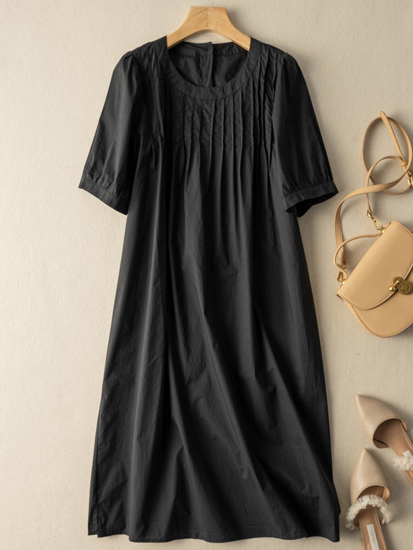Women's Casual Round Neck Pleated Dress Short Sleeve - Omychic