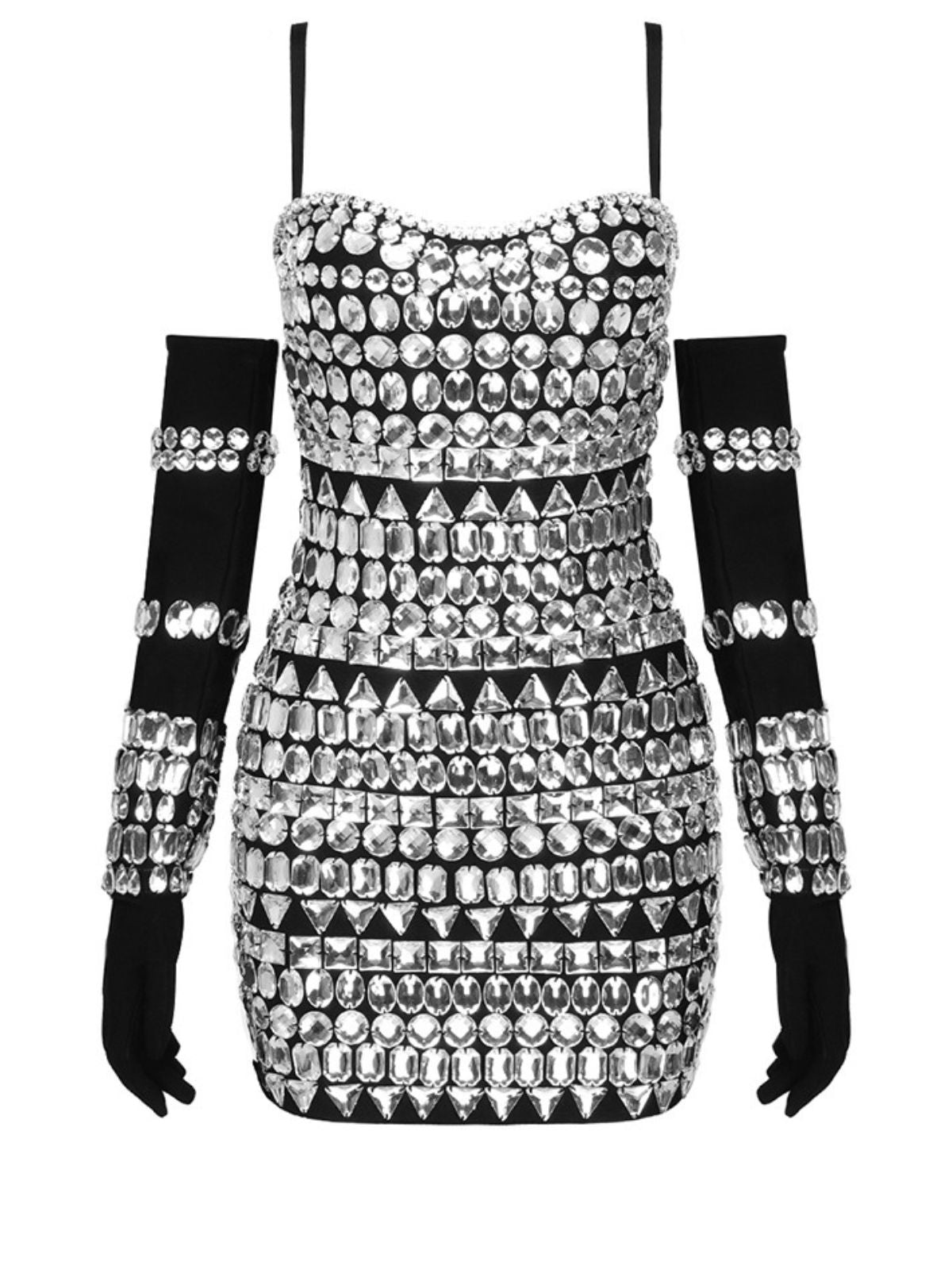 Rhinestone Sweetheart Spaghetti Strap Opera Glove Mini Dress Set