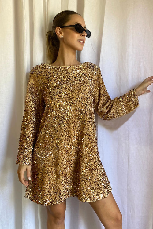 Sequin Long Sleeve Open Back Bow Tie Mini Dress