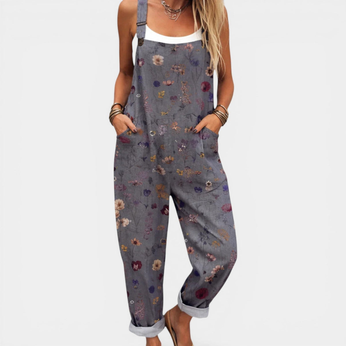 Floral Print Sleeveless Pocket Overall Jumpsuit
