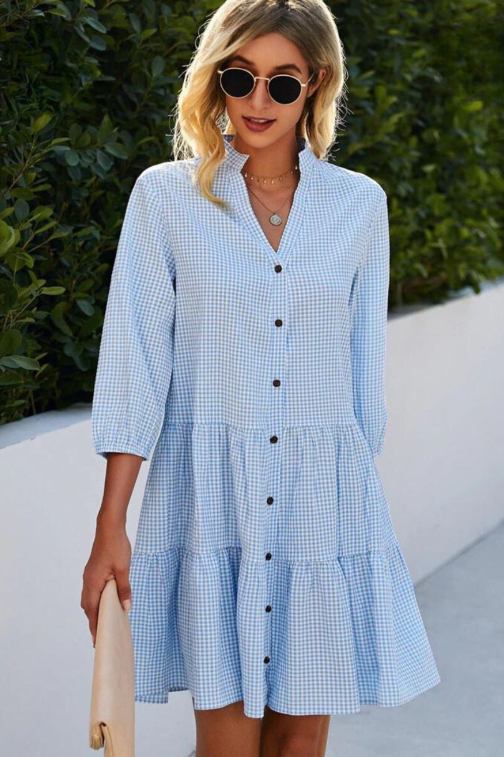 Gingham Check V-Neck Mandarin Collar Button Front Tiered Mini Dress