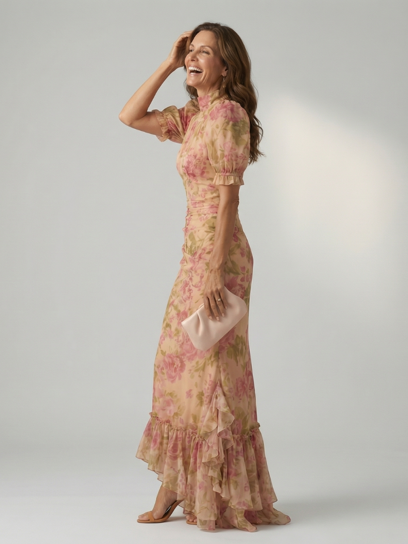 High Neck Puff Sleeve Floral Ruffle Hem Maxi Dress
