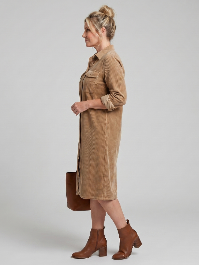 Long Sleeve Button Front Patch Pocket Corduroy Shirt Dress