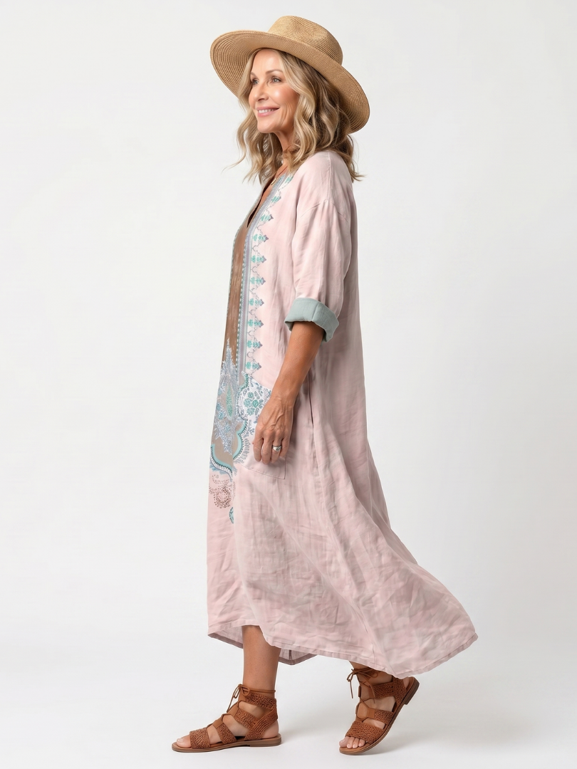 Border Print V-Neck Pocket Kaftan Maxi Dress