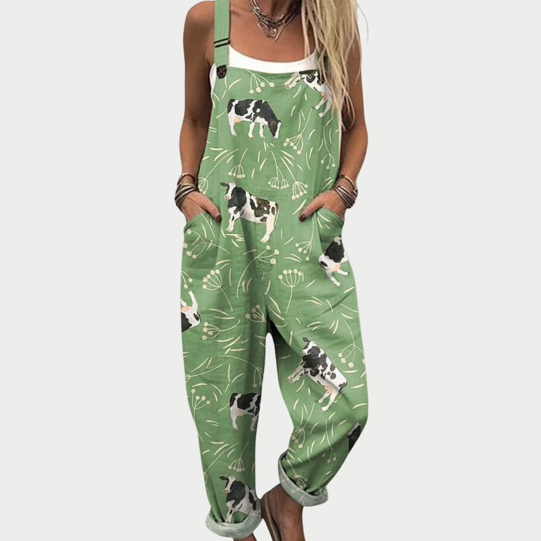Cow Print Wide Leg Overall Jumpsuit