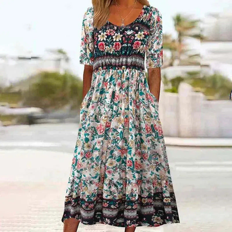 Floral Print Scoop Neck Short Sleeve Tiered Ruffle Empire Waist Midi Dress