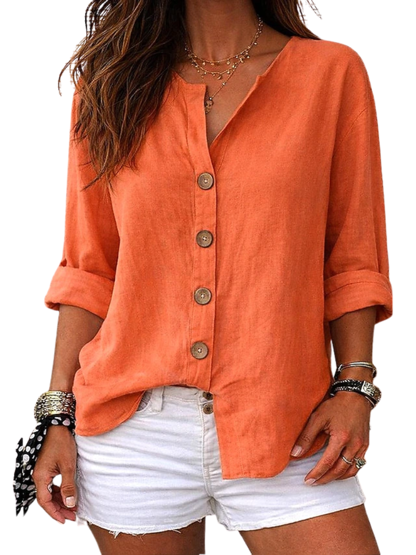 V-Neck Roll Sleeve Button Front Linen Look Shirt