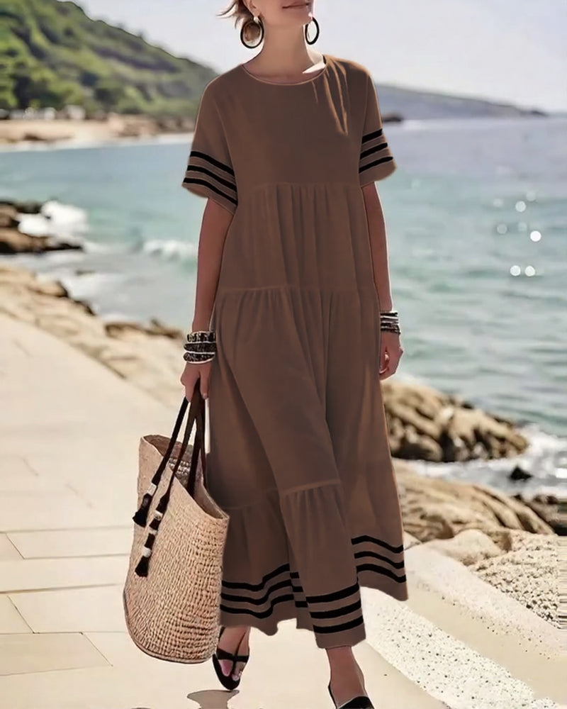Striped Trim Short Sleeve Tiered Maxi Dress 3
