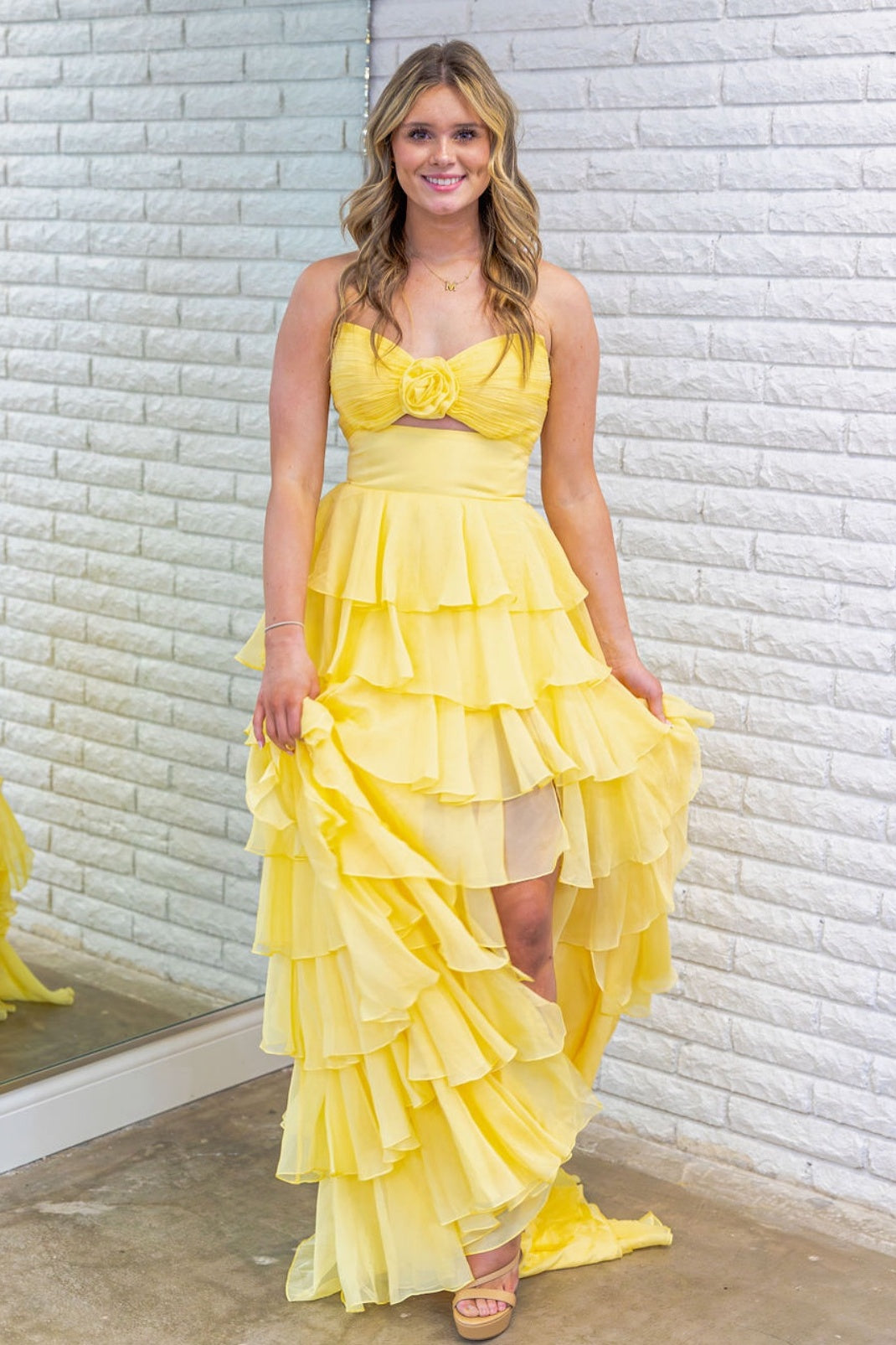 Cute Royal Blue A-Line Strapless Long Tiered Prom Dress with Slit