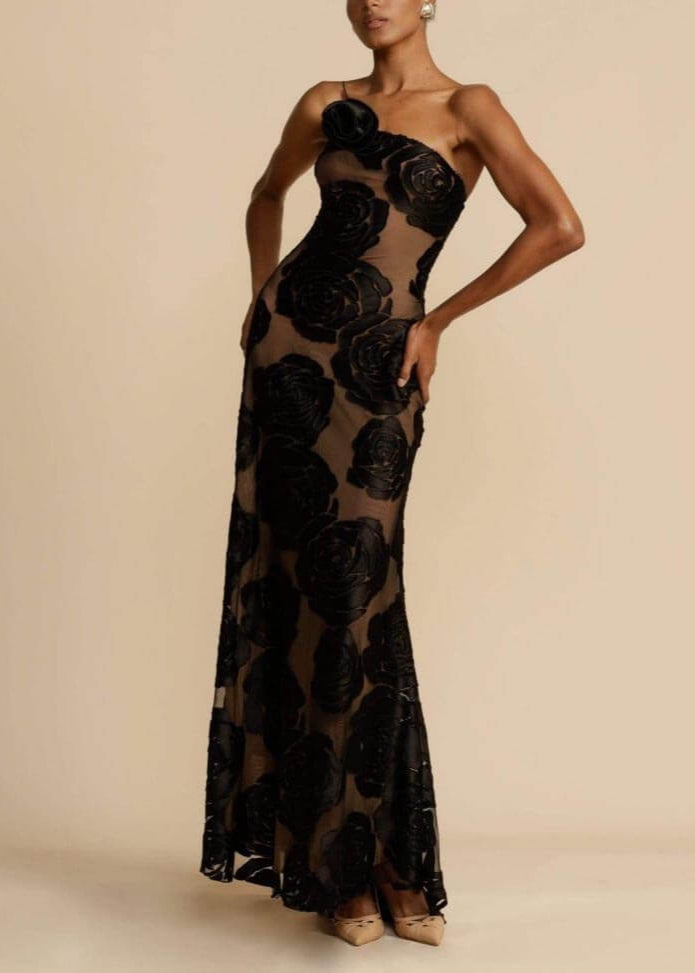 Rose Flower Three Dimensional Burnt Flower Maxi Dress