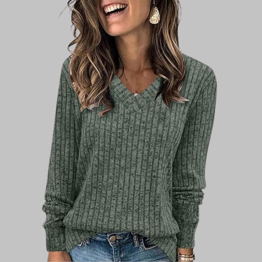 V-Neck Long Sleeve Ribbed Knit Sweater