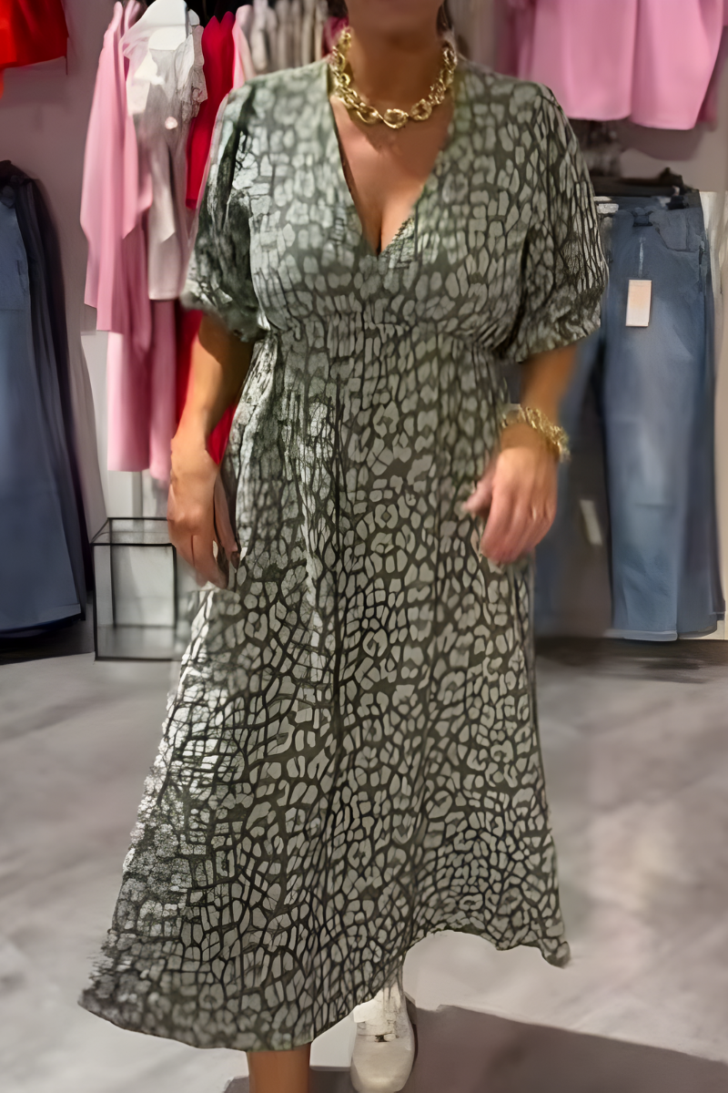 Geometric Print V-Neck Puff Sleeve Maxi Dress 3