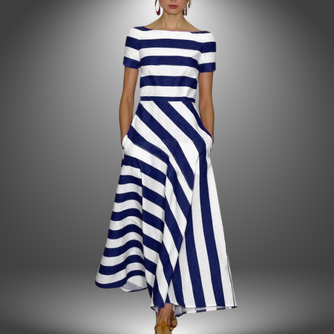 Striped Strapless Flowing A-Line Maxi Dress