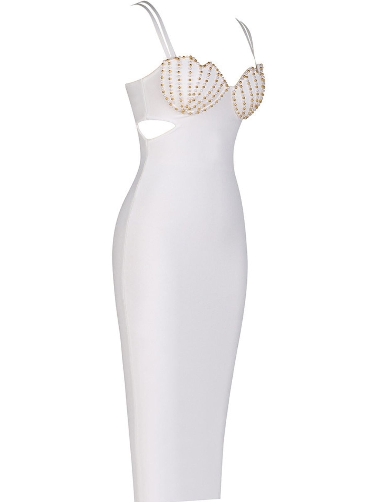 Beaded Scallop Cup Double Strap Waist Cut Out Bandage Midi Dress