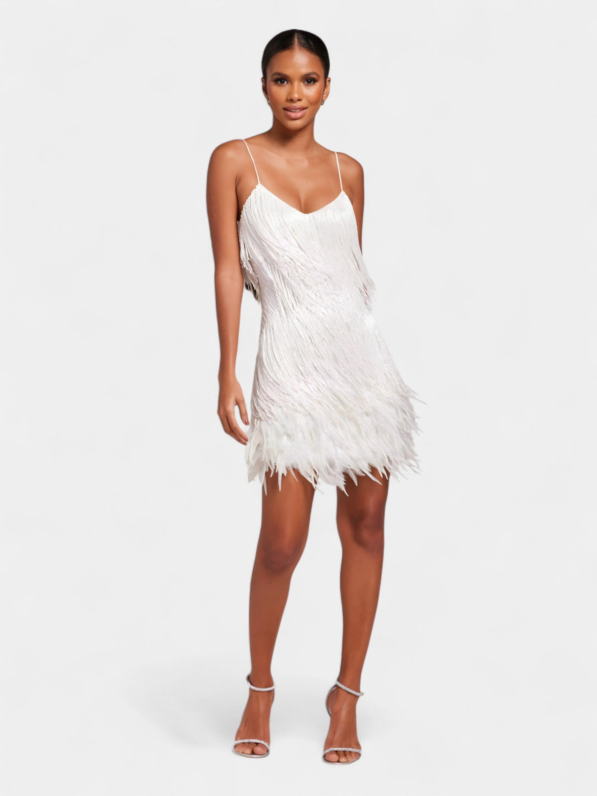 Spaghetti Strap Fringe Feather Hem Mini Dress 3