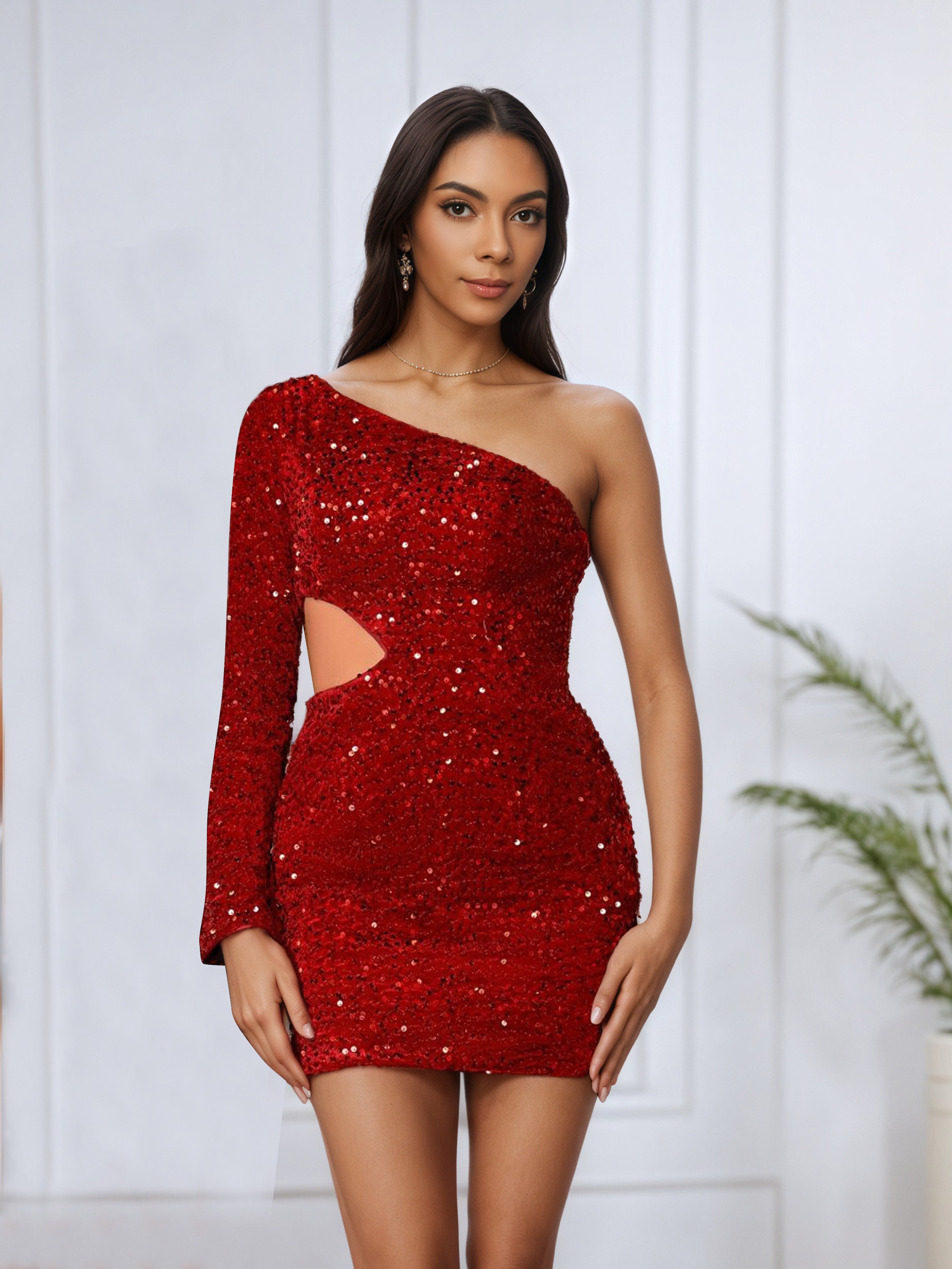 Sequin Red One Shoulder Long Sleeve Short Homecoming Dress