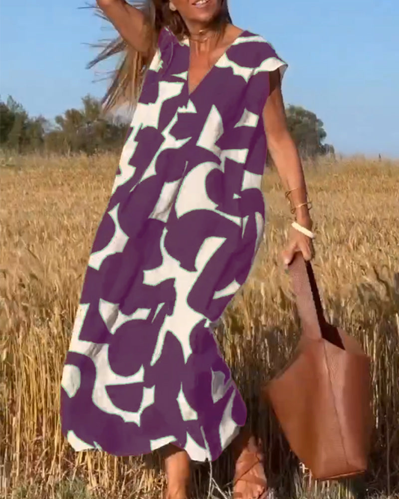 Abstract Print V-Neck Cap Sleeve Oversized Maxi Dress