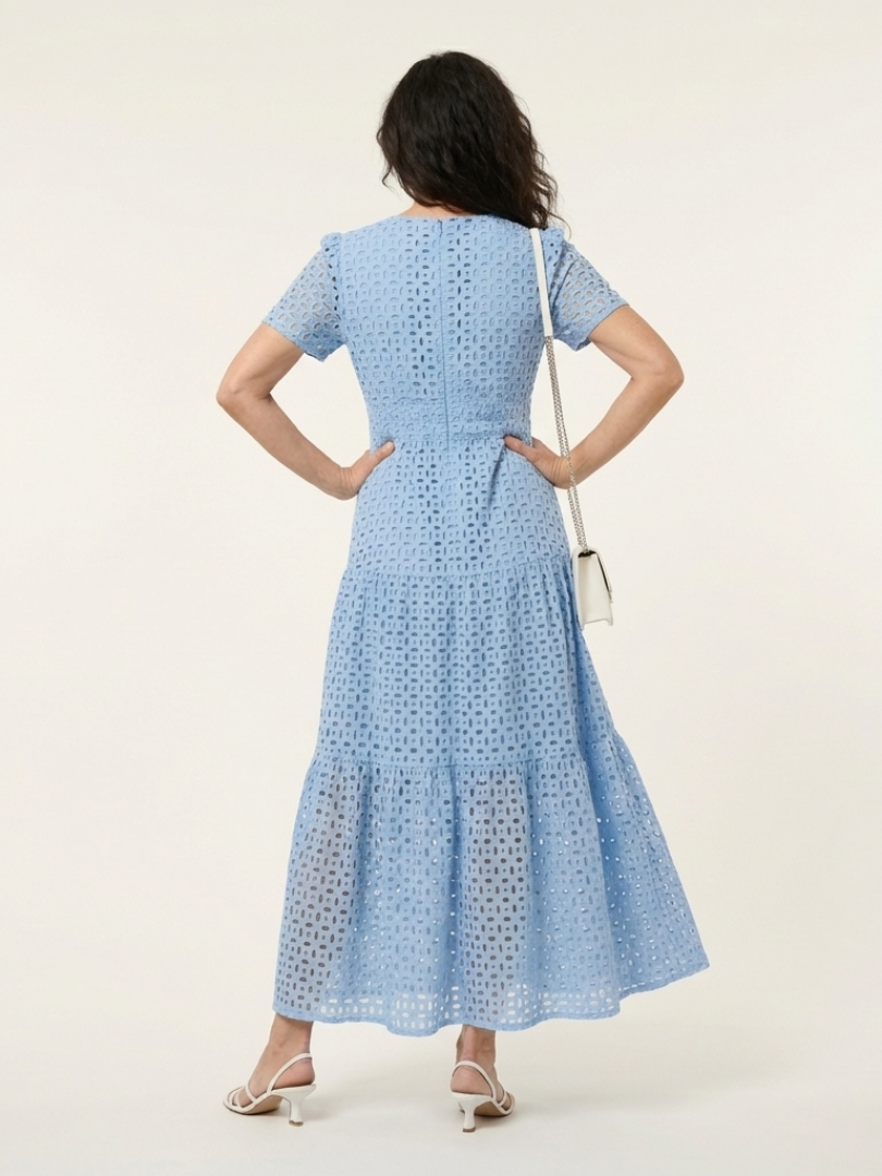 Eyelet Lace V-Neck Short Sleeve Tiered Maxi Dress