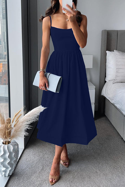 Vina | Chic Strappy A-Line Midi Dress Dark Blue