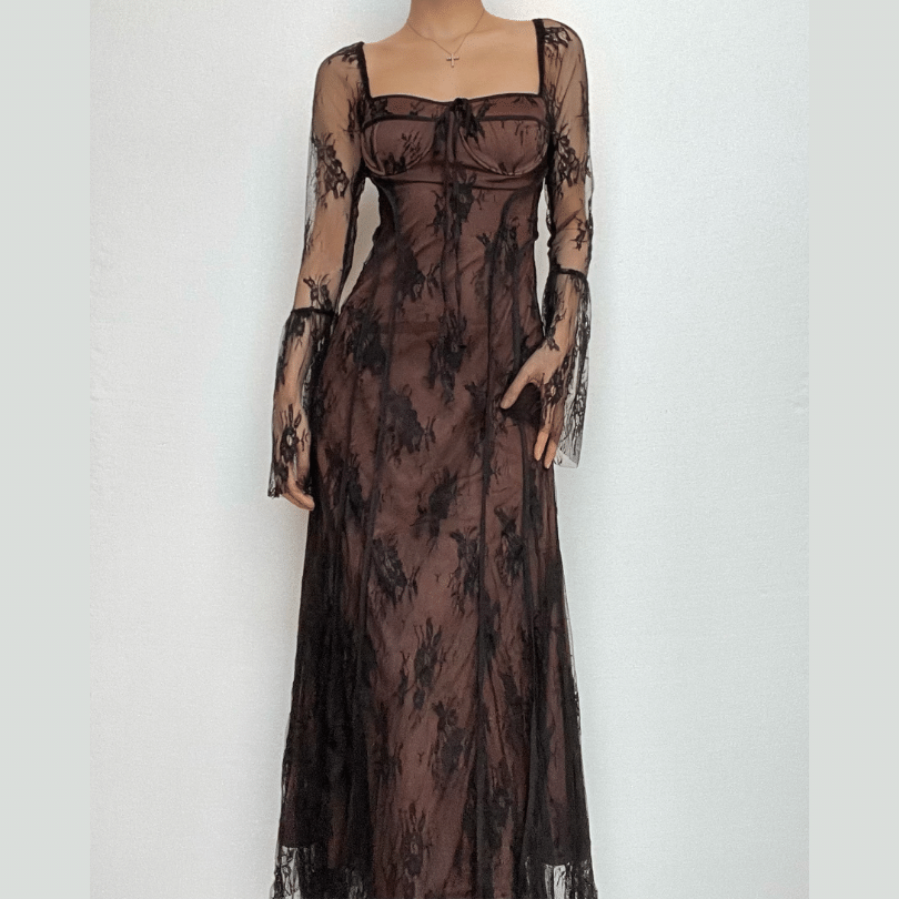 Long flared sleeve contrast zip-up lace self tie maxi dress - View 10
