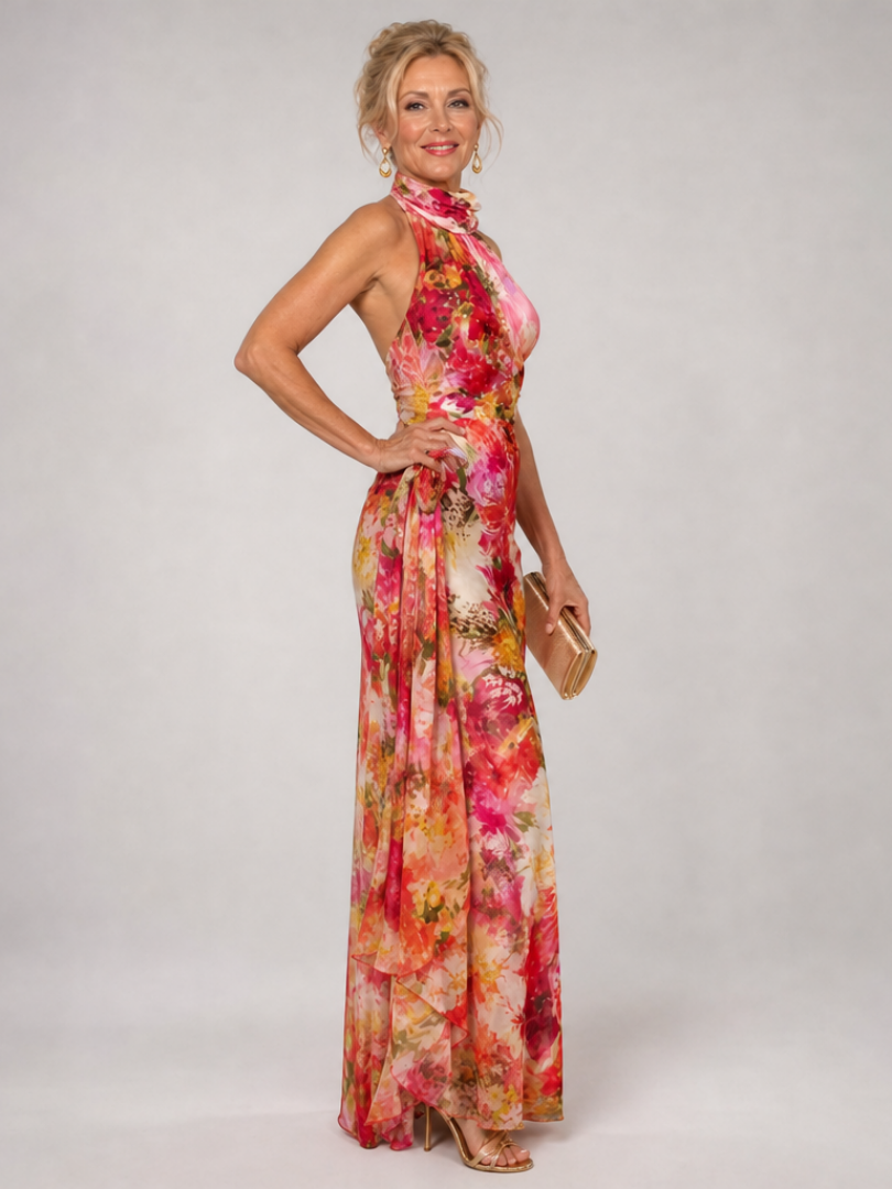 Floral Halter Neck Ruffle Sleeveless Maxi Gown