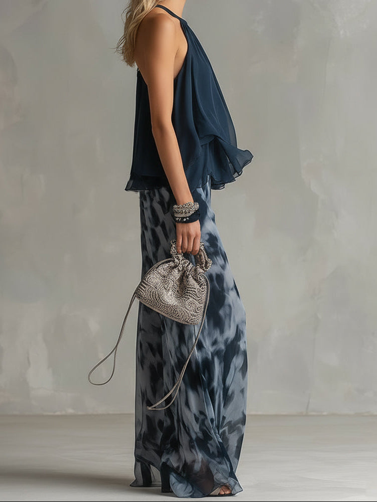 Halter Neck Ruffle Top and Tie Dye Wide Leg Pants Two Piece Set