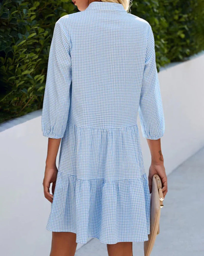 Gingham Button Front Tiered Long Sleeve Smock Mini Dress