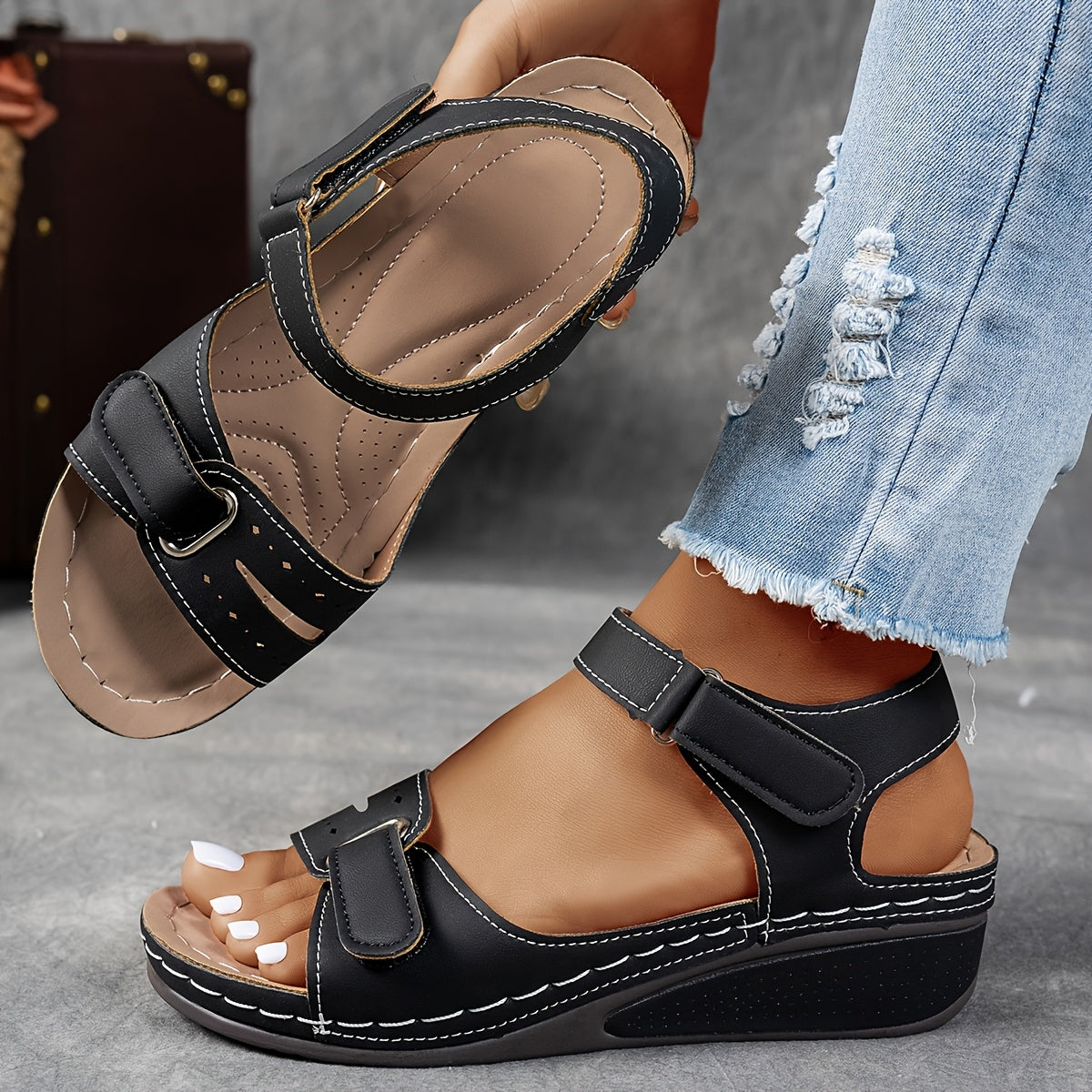 Open Toe Hook and Loop Strap Wedge Sandals