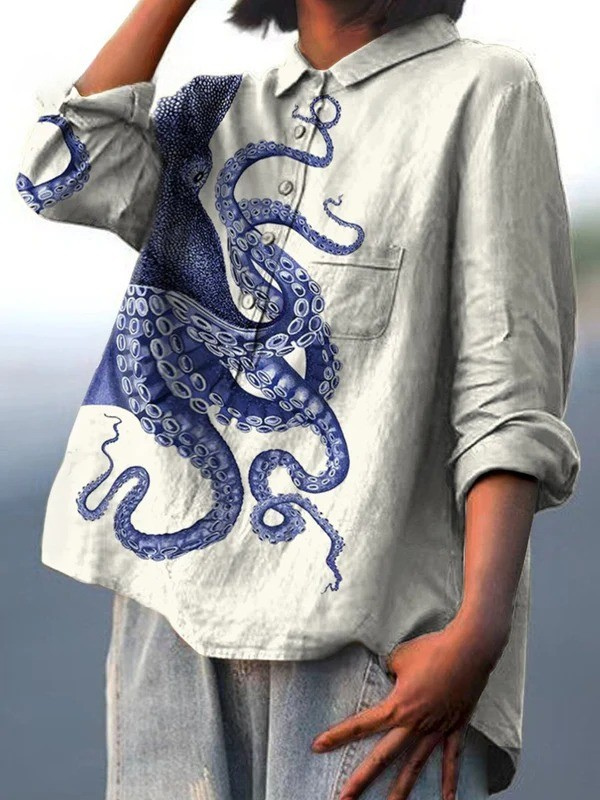 Octopus Print Long Sleeve Button Up Shirt