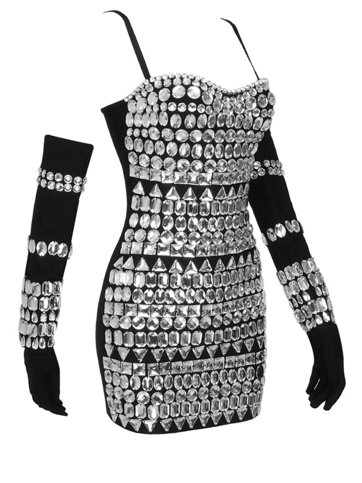 Rhinestone Sweetheart Spaghetti Strap Opera Glove Mini Dress Set