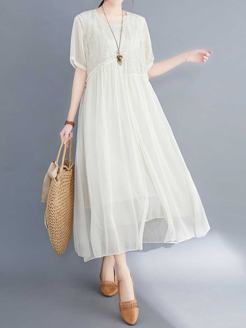 Lace Bodice Sheer Overlay Empire Waist Handkerchief Hem Midi Dress