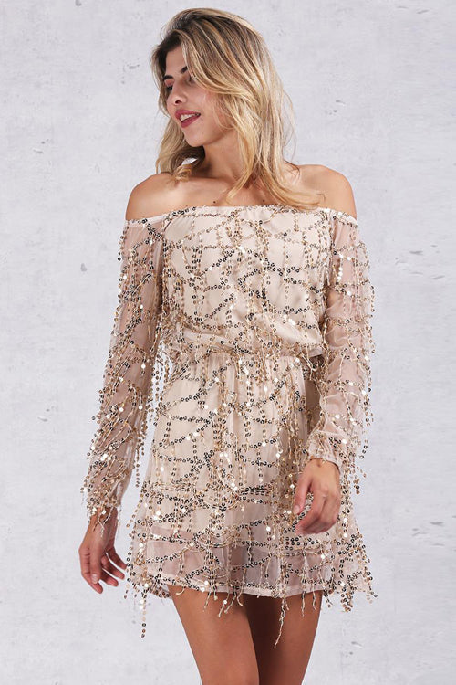 Sequin Fringe Off Shoulder Long Sleeve Mini Dress