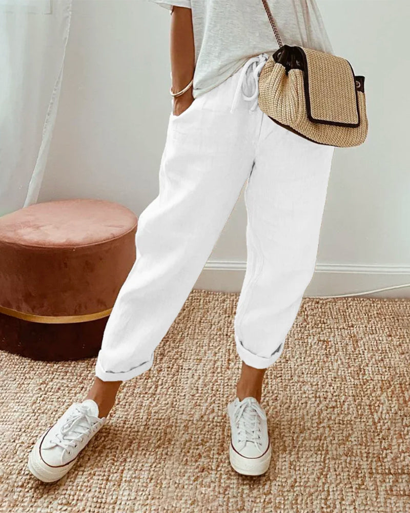 High Waist Drawstring Tapered Leg Linen Look Pants