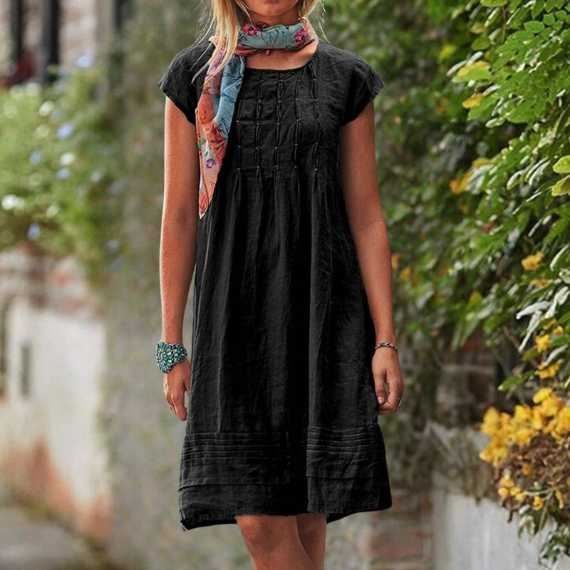 Short Sleeve Pintuck Gathered Front Tiered Band Hem Knee Length Summer Dress