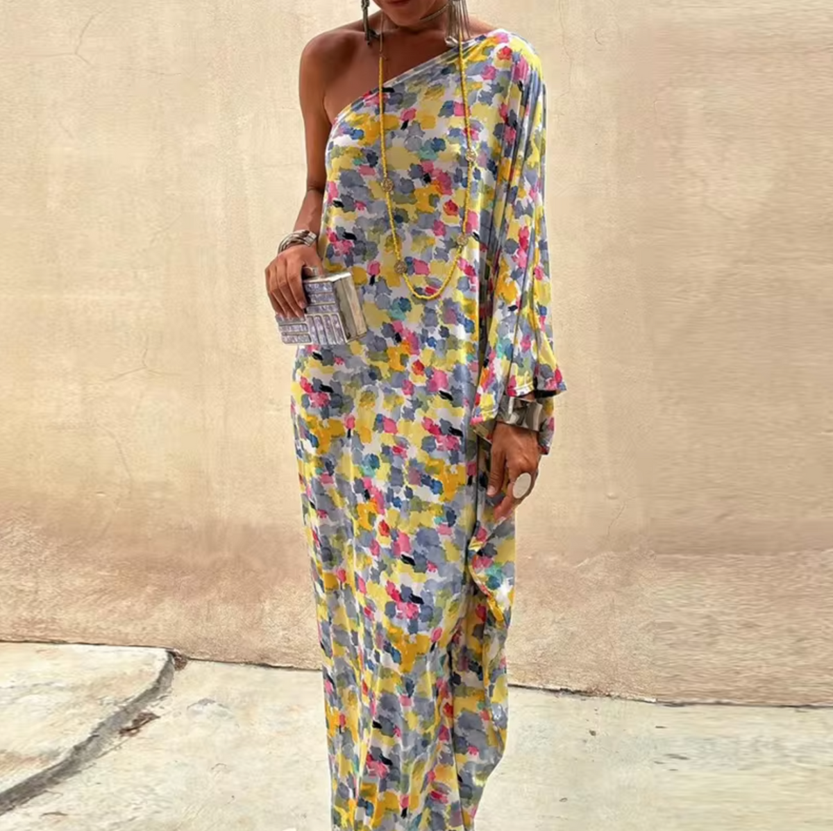 Abstract Floral Print One Shoulder Batwing Sleeve Loose Maxi Dress