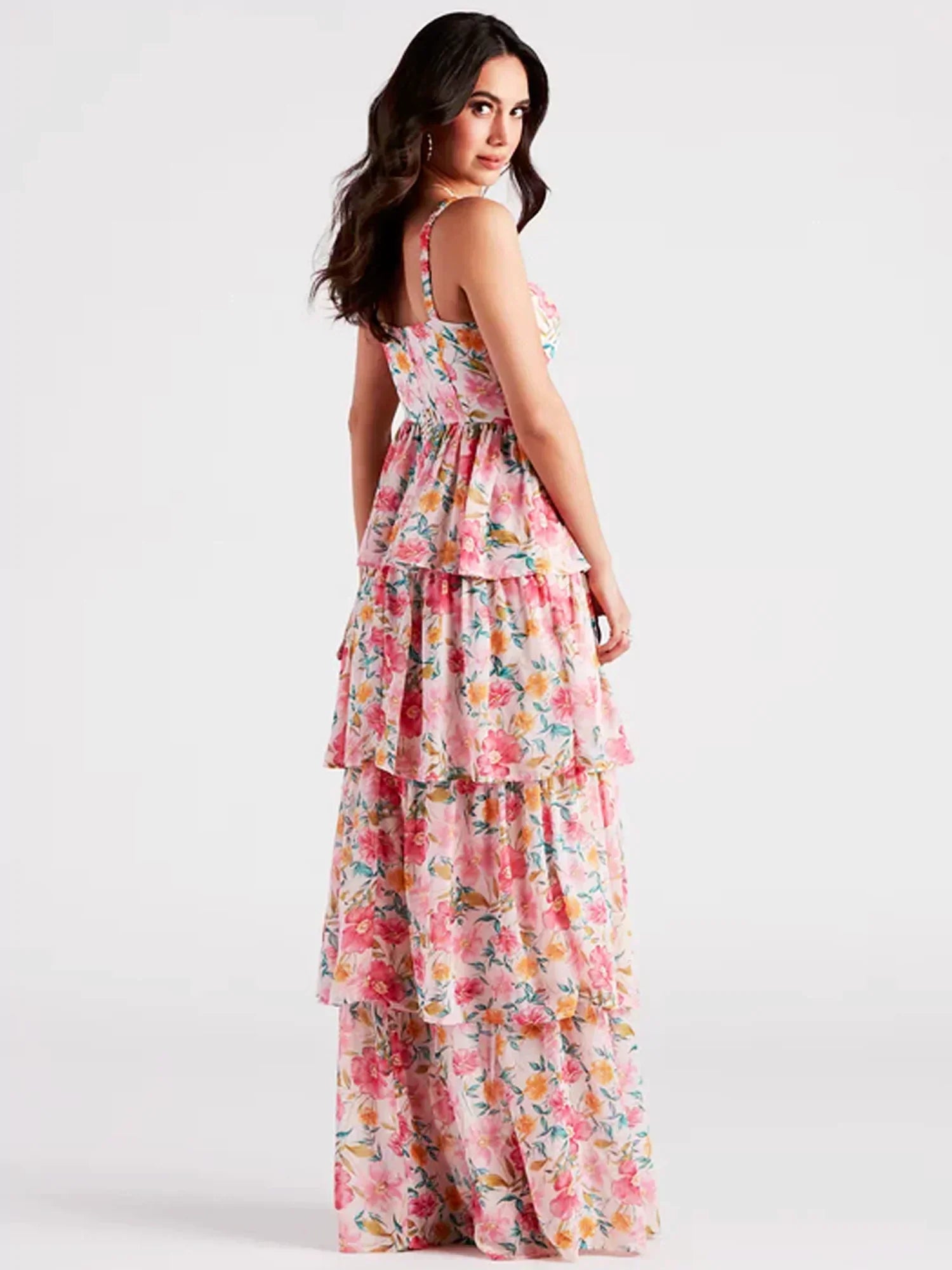Floral Print Sweetheart Strapless Tiered Ruffle High Split Chiffon Maxi Gown