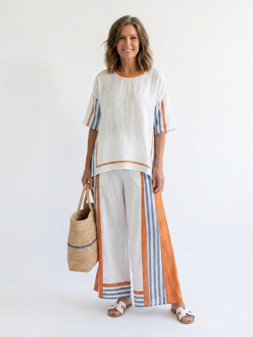 Contrast Trim Top and Striped Wide Leg Pants Two Piece Set