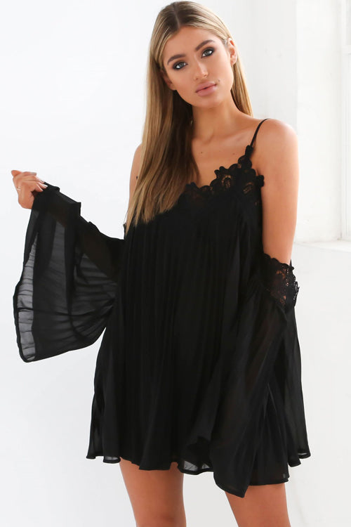Lace Trim Cold Shoulder Bell Sleeve Pleated Chiffon Mini Dress