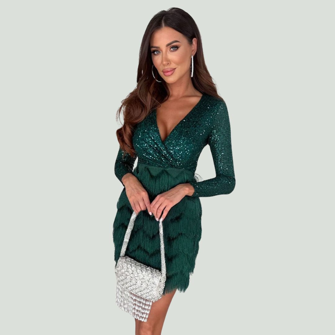 Sequin Deep V-Neck Wrap Long Sleeve Textured Skirt Mini Dress