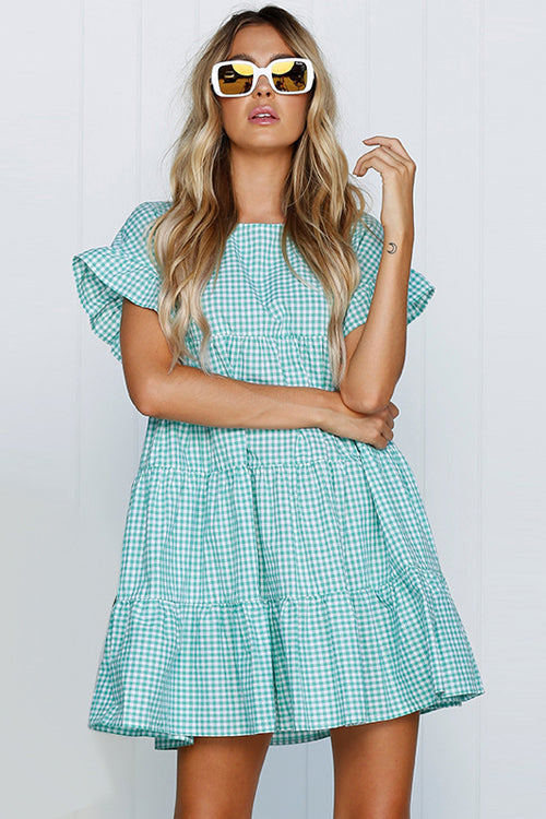 Tartan Layered Ruffle Sleeve Baby Dress - 3 Colors Blue