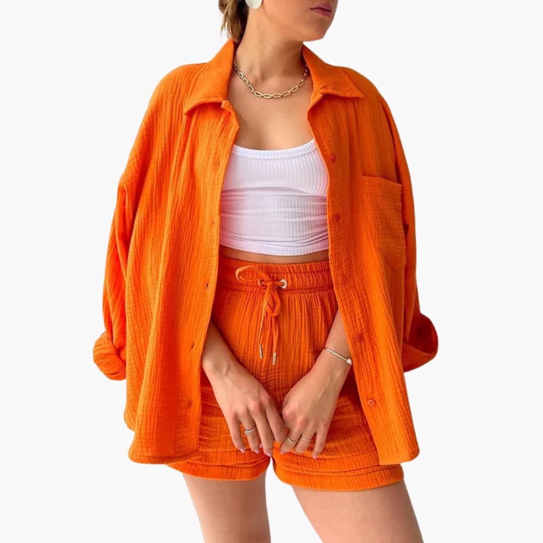Button Front Shirt and Drawstring Shorts Two Piece Set