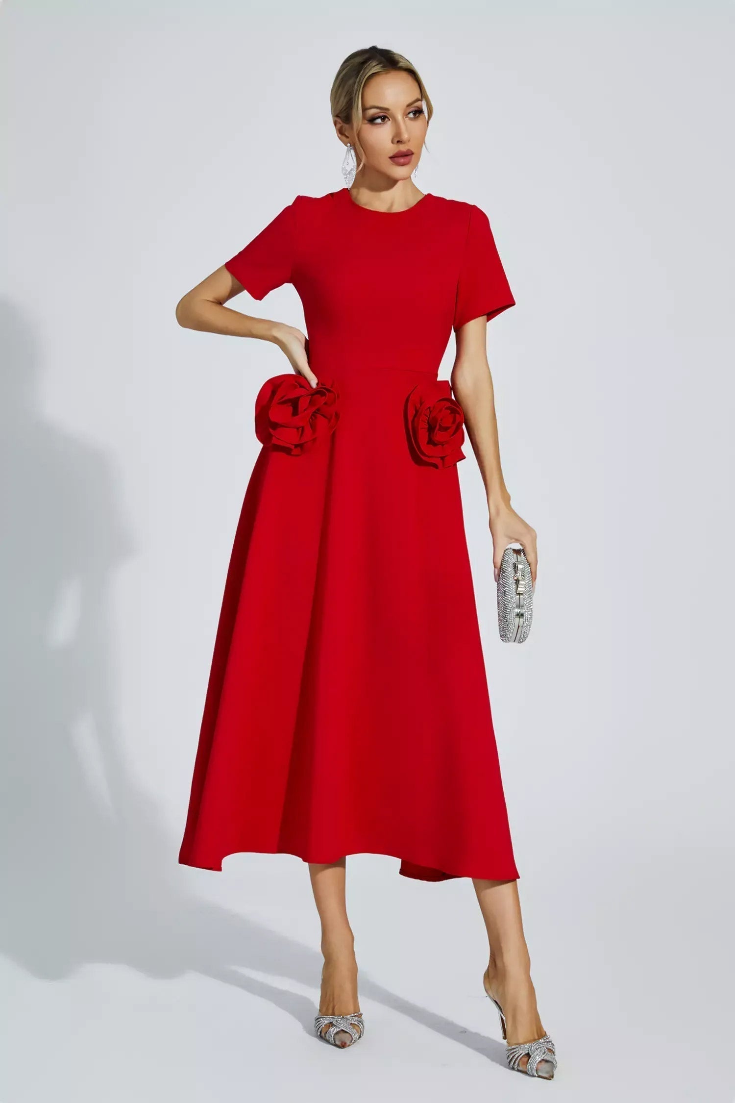 Short Sleeve Pocket Fit and Flare Midi Dress