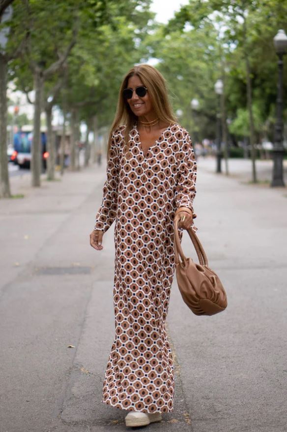 Geometric Print V-Neck Long Sleeve Maxi Dress