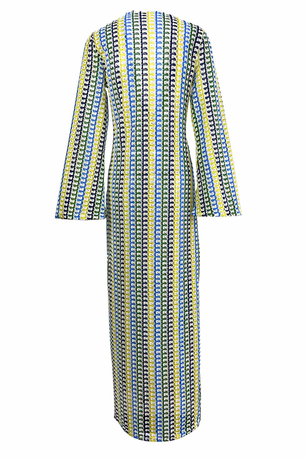 Crochet Deep V-Neck Long Sleeve Striped Boho Maxi Dress
