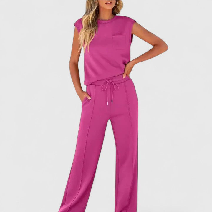 Cap Sleeve Top and Drawstring Wide Leg Pants Two Piece Set