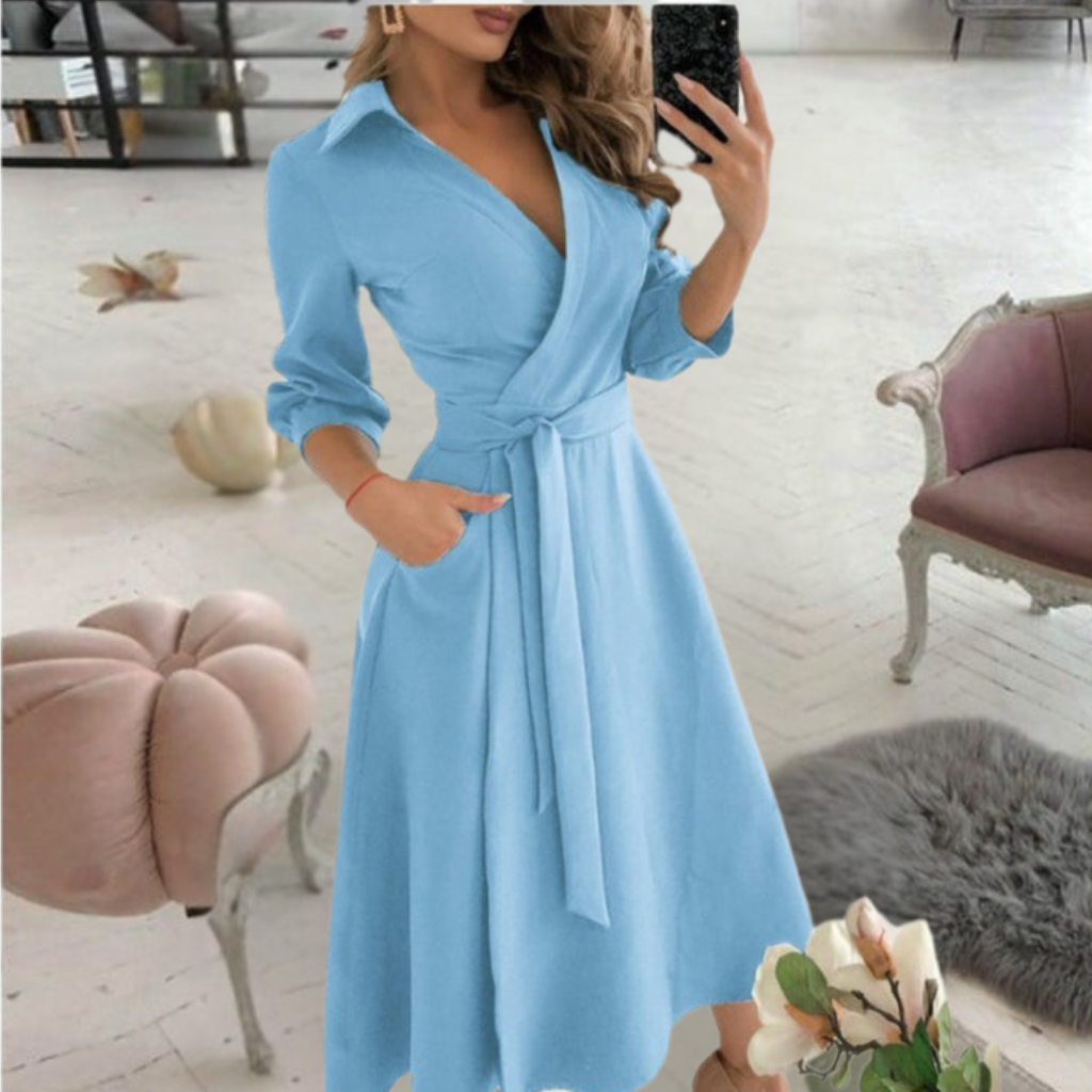 Polka Dot Deep V-Neck Long Sleeve Wrap Midi Dress 2